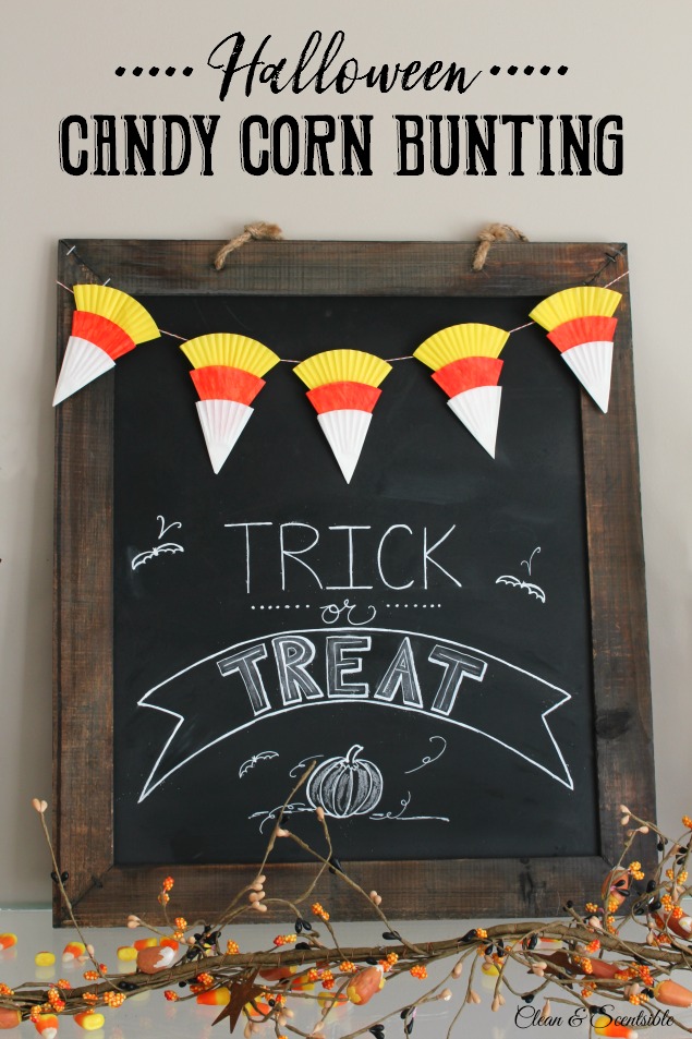 Halloween chalkboard and cute candy corn bunting using cupcake liners. So smart!